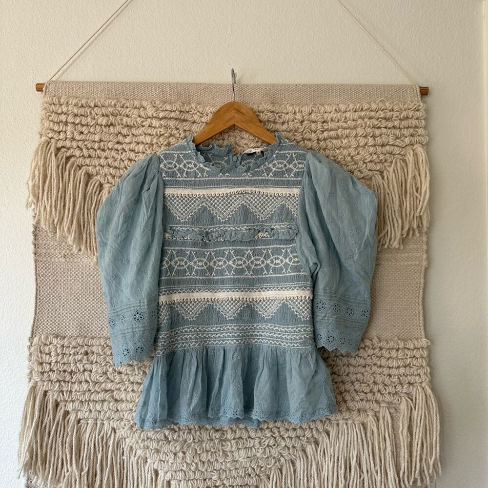 Sea New York Light Blue Lace-Trim Puff Sleeve Blouse
